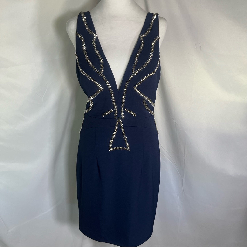 Bariano Australia Deep Plunge Cocktail Dress Navy/Silver Glittery Sparkly 8